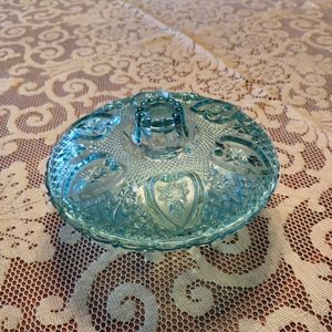 Vintage design Aqua Blues Heart  Cut Glass Candy Dish.